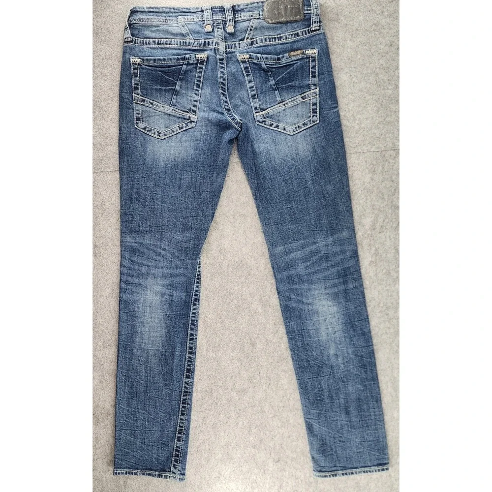 Salvage Mayhem Skinny Blue Distressed Buckle Whiskered Jeans Mens 30x30
